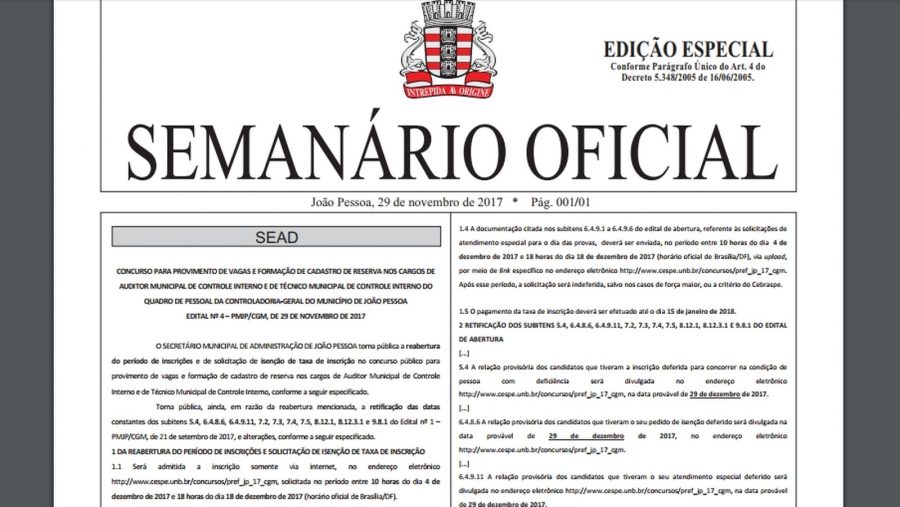 Concurso da Controladoria-Geral de João Pessoa reabre inscrições nesta segunda-feira