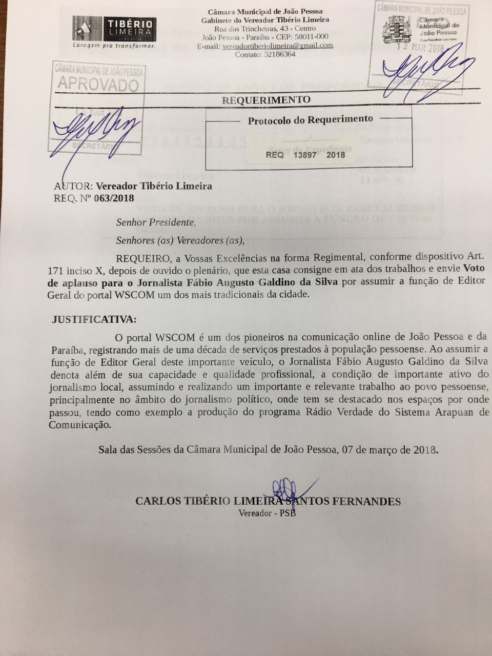 Jornalista Fábio Augusto recebe Voto de Aplauso na CMJP após nova ascensão na profissão